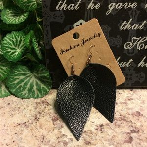 Black Faux Leather Leaf Earrings